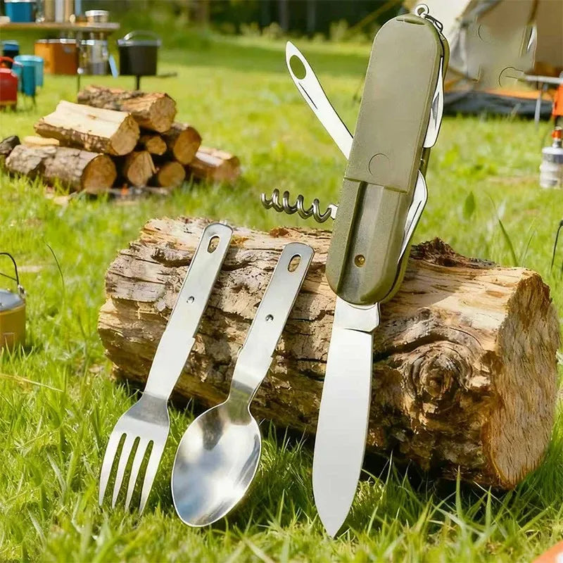 Camping Cutlery Stainless Steel Folding Knife Fork Spoon Portable Outdoor Tableware Camping Equipmen